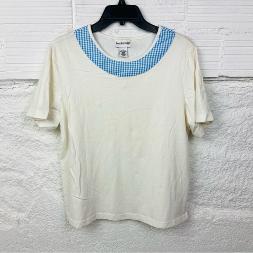 Breckenridge Cream Tee with Blue Checkered plaid Collar size large